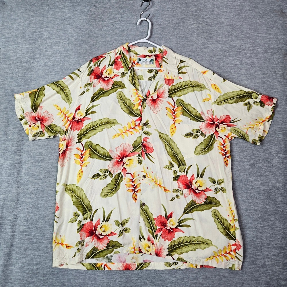 Two Palms Hawaiian Shirt Mens XL Cream Floral Hibiscus Rayon Made in Hawaii Camp